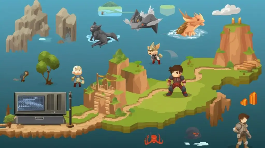 a dynamic collage that includes representative visuals of each asset type. Illustrate sprites with vibrant game characters