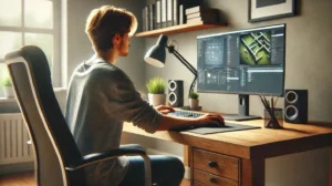 A man working at a desk, with a computer screen in front of him, concentrating on his activities.